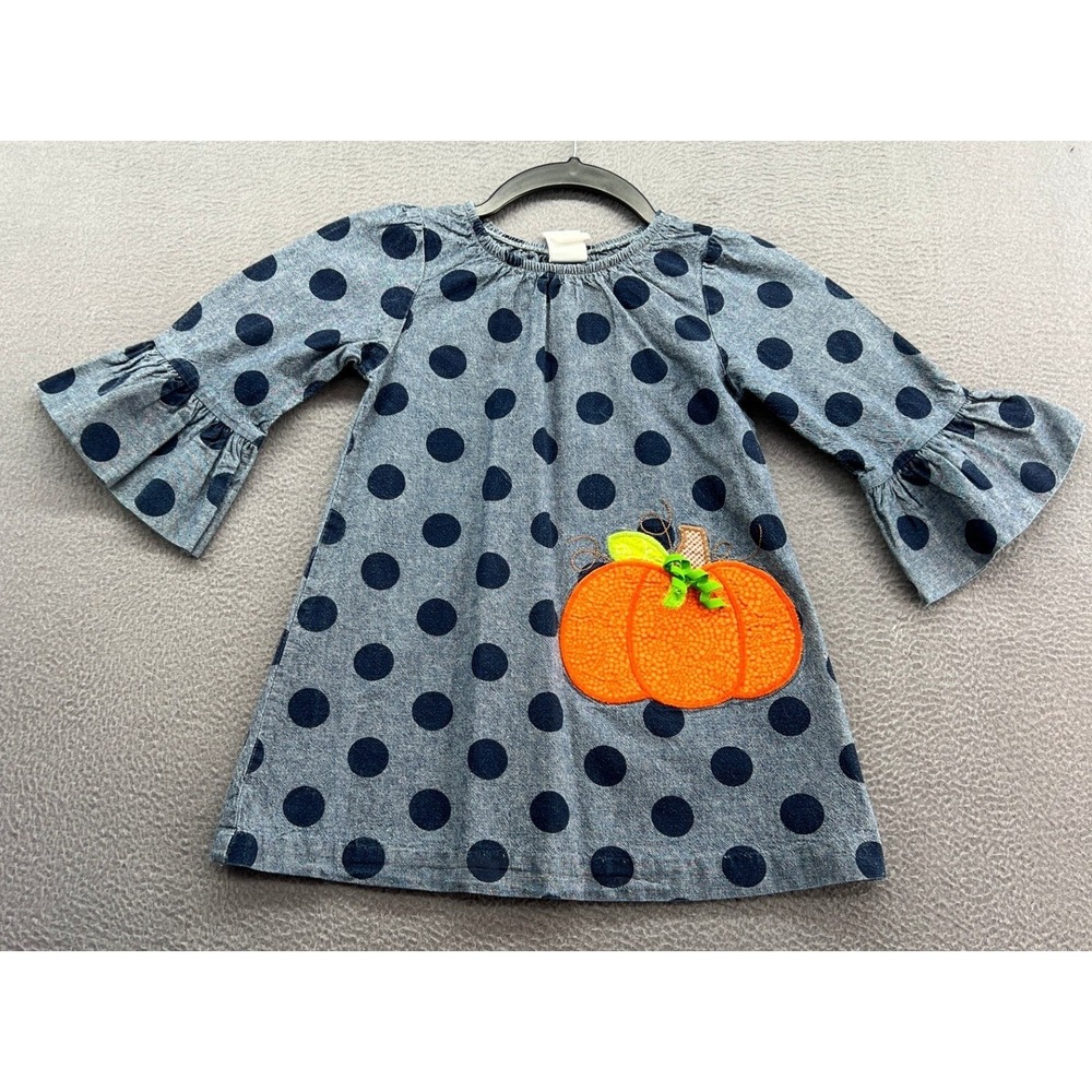 The Bailey Boys Dress Girls Size 5 Blue Polka Dot Pumpkin Cotton Bell Sleeve